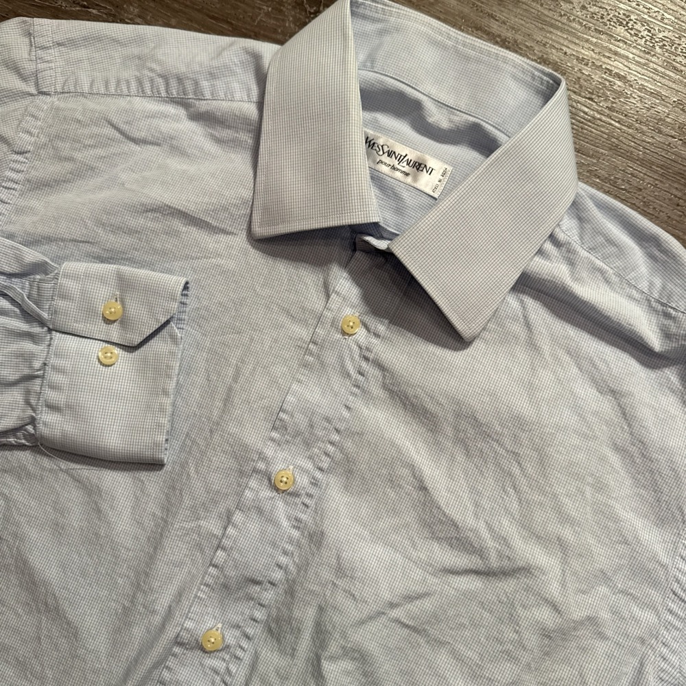 Yves Saint Laurent Shirt Mens 16.5 42 Blue Micro Check Monogram Luxury Italy